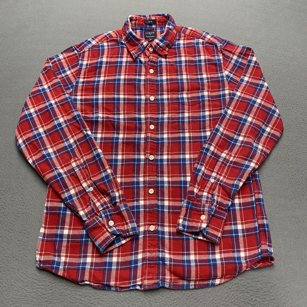 J.Crew Shirt Mens Medium Red‎ Blue Plaid Flannel Slim Button Down Long Sleeve
